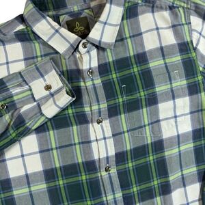 prAna Button Up‎ Flannel Brushed Cotton Shirt Men's L Green Blue Plaid Outdoors